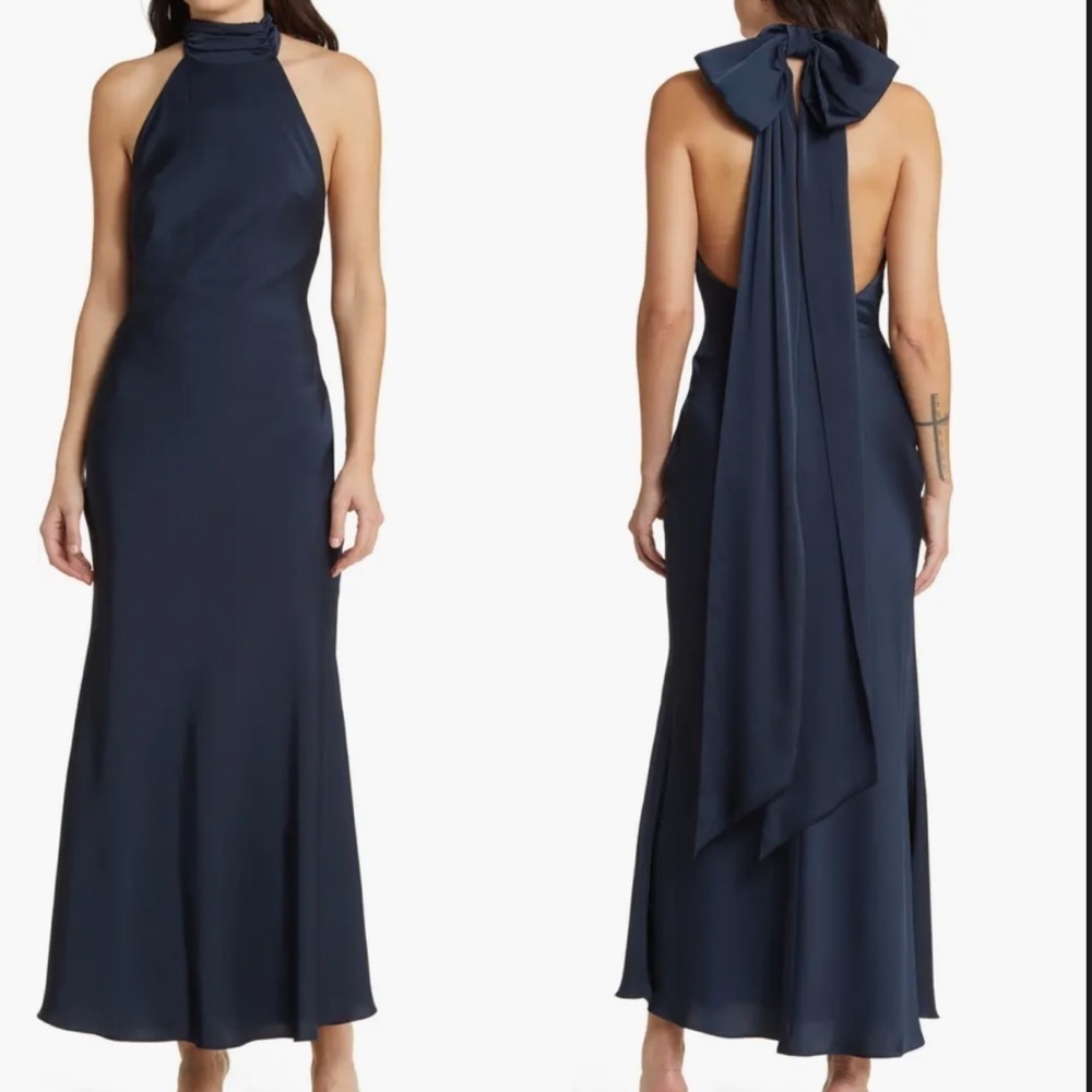 Misha Collection Navy Halter Backbow Evening Gown